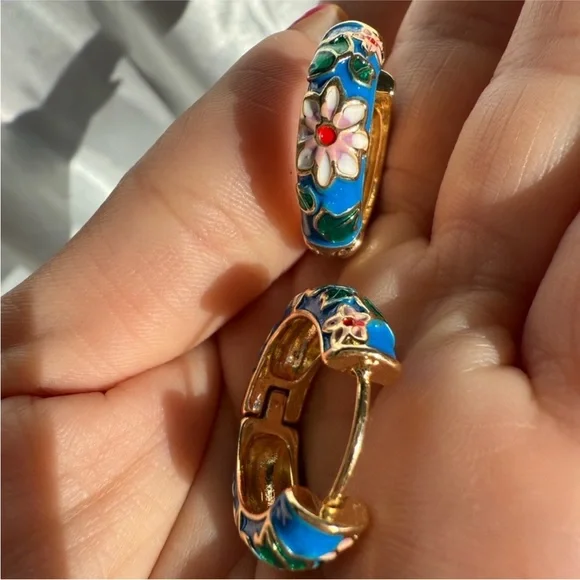 Colorful Festival Floral Blue and Gold Hoop Earrings - Picture 10 of 12